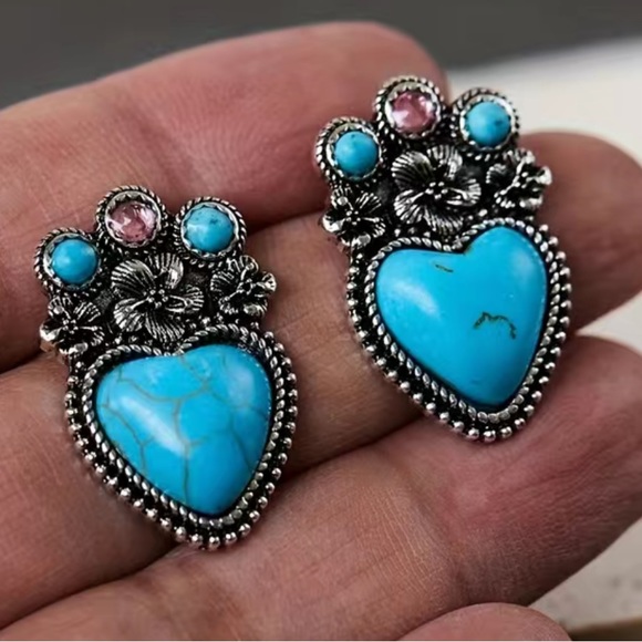 Heart Turquoise, Lab Created, Vintage Look Silver tone Hippie, Tribal Earrings - Picture 2 of 5